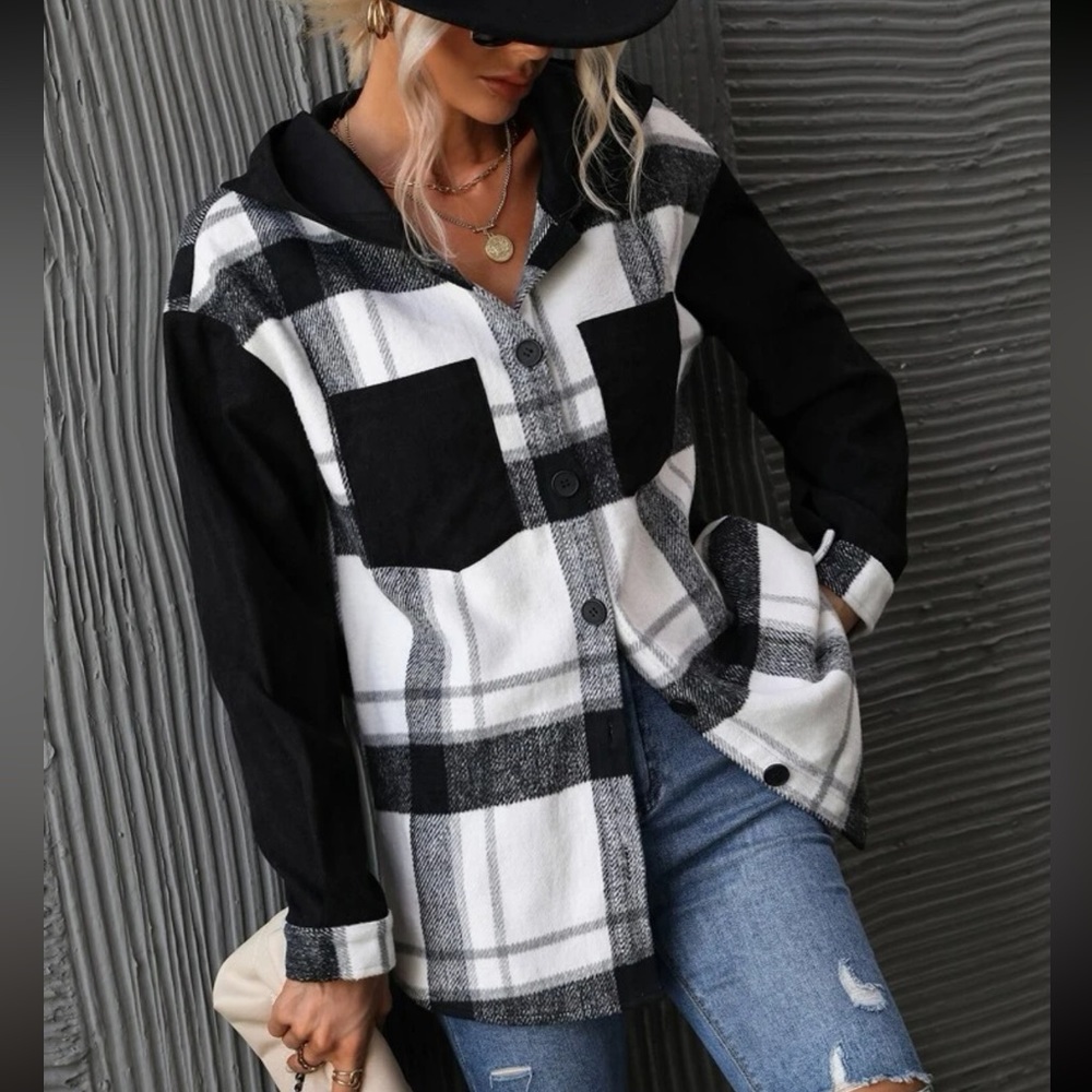 Black and white Plaid hooded shacket